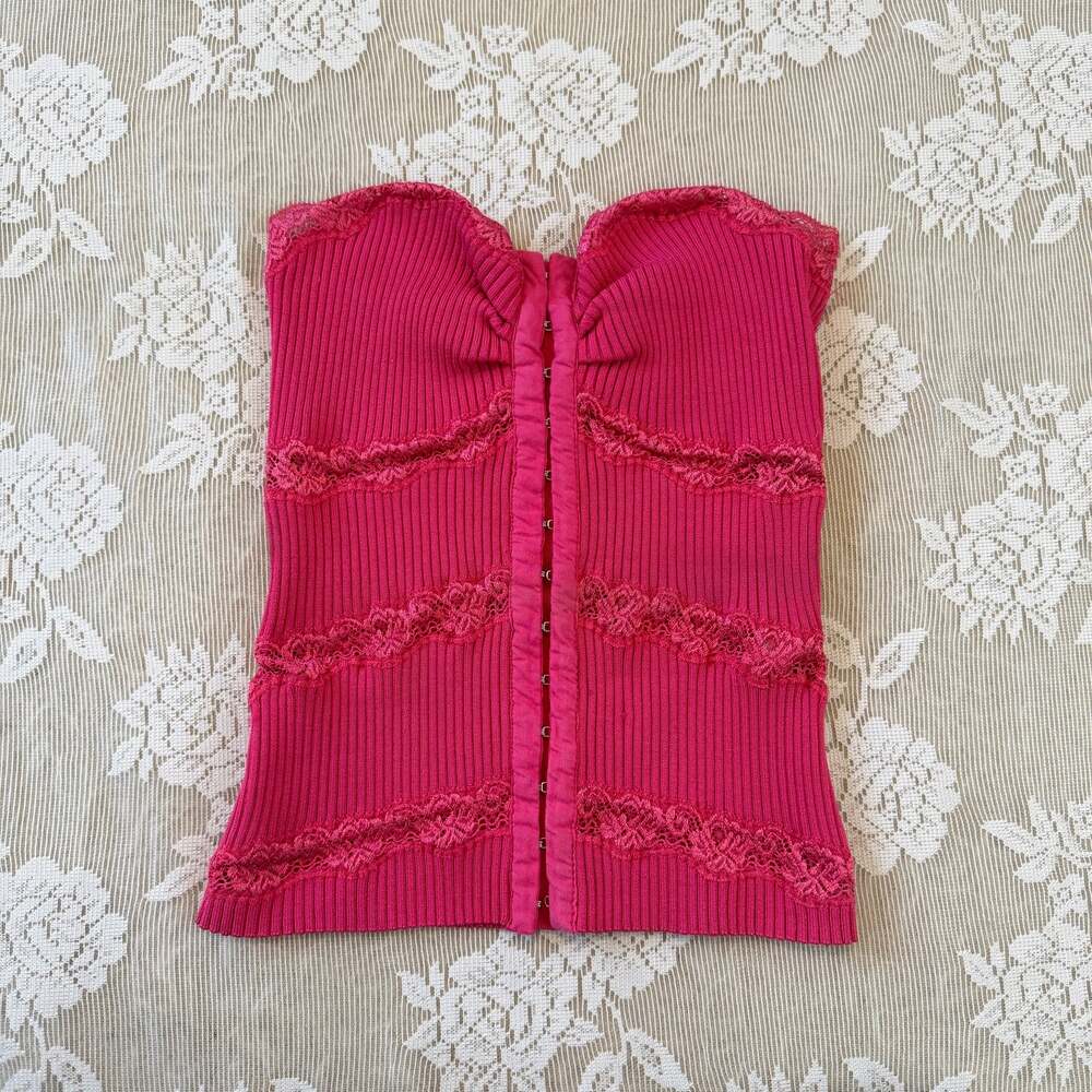 Vintage Y2K Bebe Pink Lace Trim Strapless Tube Top Size M